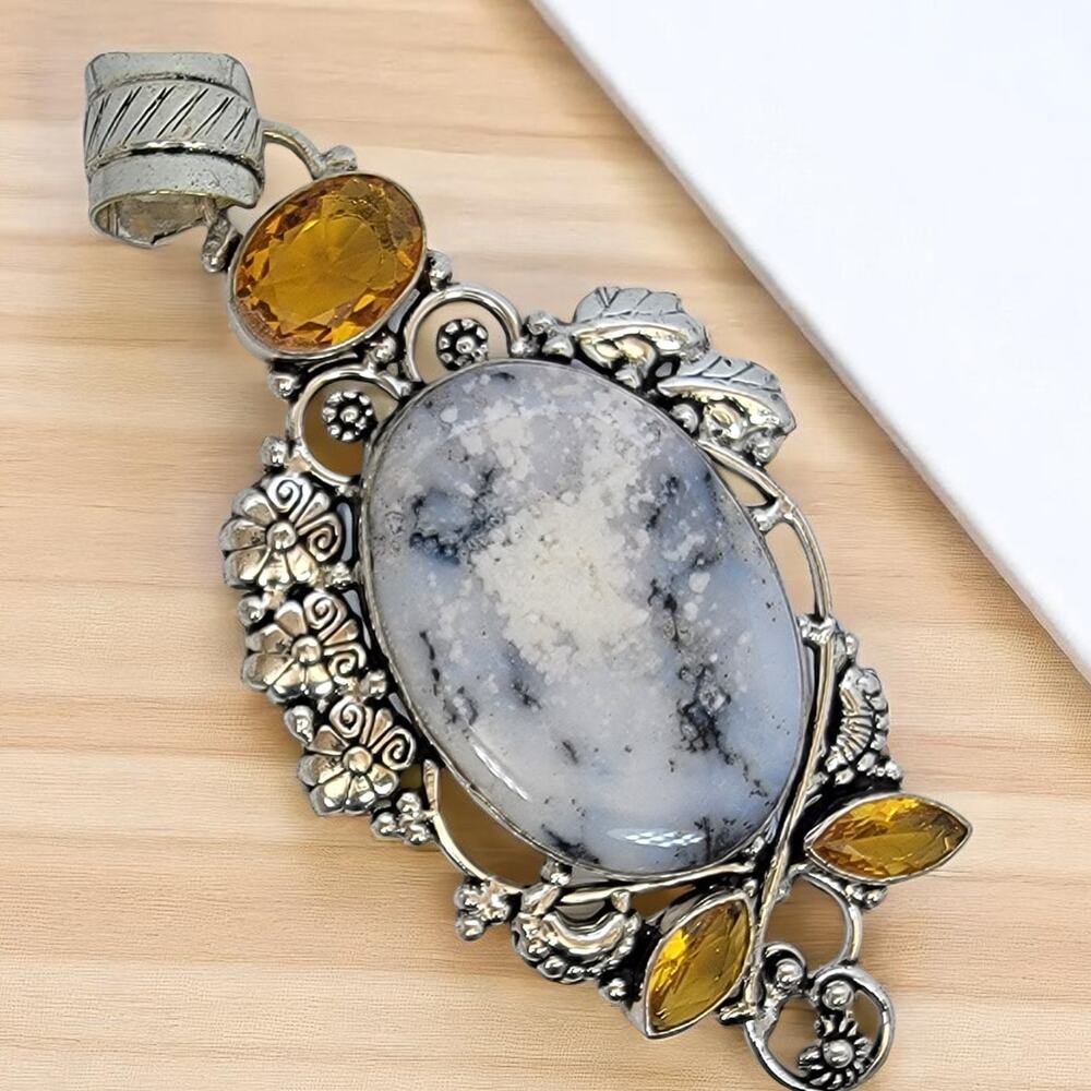 Dendritic Agate Pendant with Yellow Gems – Ornate Sterling Silver Necklace